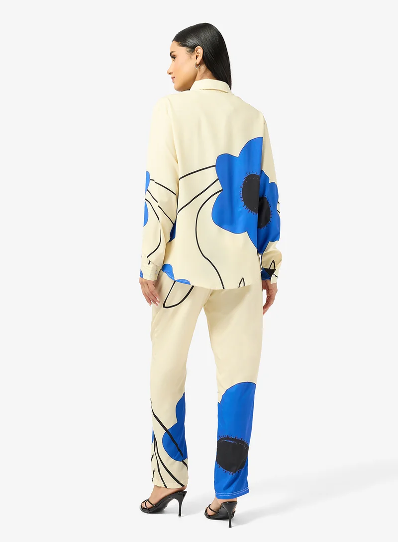 Ginger Oversize Satin Floral Print Shirt & Pant Coord Set